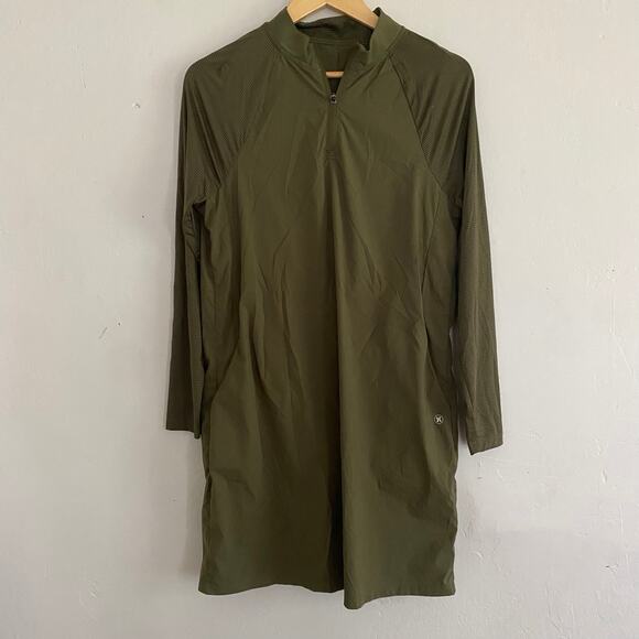 Hurley Womans Green 1\4 Zip Activewear Long Sleeve Dress SZ L Athleisure Stretch - Picture 1 of 9